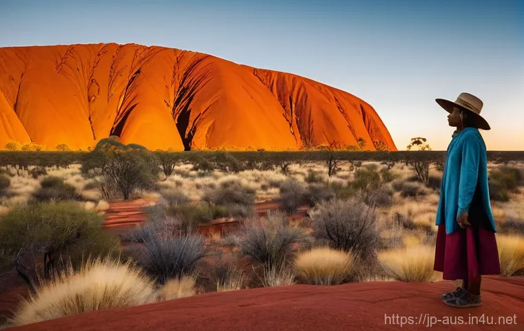 울룰루 에어즈 락  방문 시 주의사항 - **Prompt: Uluru Cultural Respect and Sacred Observation**
    "A respectful female traveler, in her ...