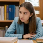 호주 영어 시험 IELTS PTE  비교 - **Prompt:** "A young woman, neatly dressed in a smart casual outfit, sits thoughtfully at a well-lit...