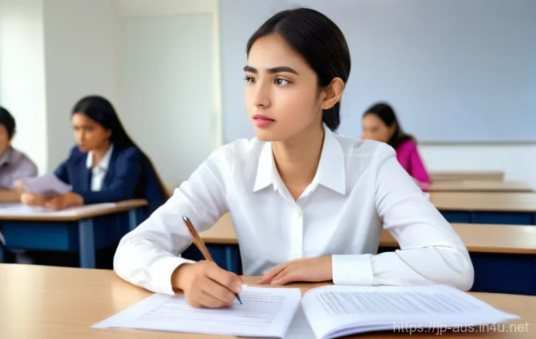 호주 영어 시험 IELTS PTE  비교 - **Prompt:** "A young woman, neatly dressed in a smart casual outfit, sits thoughtfully at a well-lit...