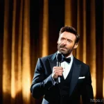 호주의 유명인  휴 잭맨 프로필 및 필모그래피 - A dynamic, full-body shot of Hugh Jackman on a grand Broadway stage, center spotlight. He is dressed...