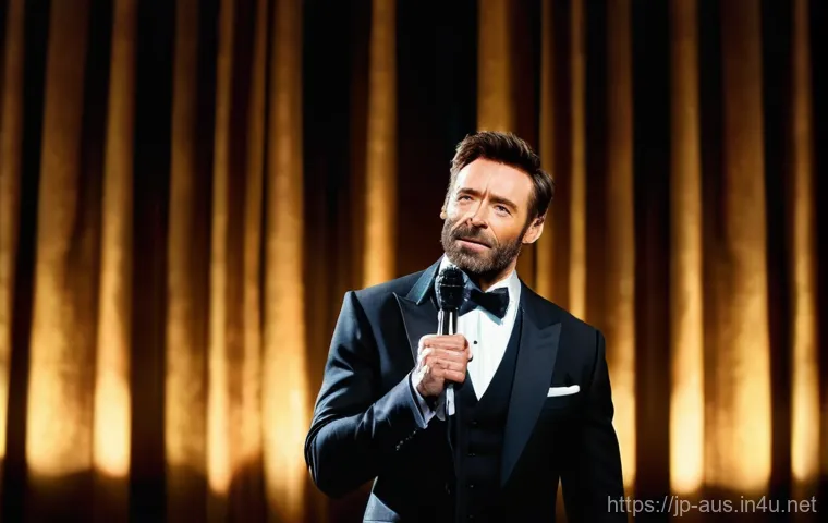 호주의 유명인  휴 잭맨 프로필 및 필모그래피 - A dynamic, full-body shot of Hugh Jackman on a grand Broadway stage, center spotlight. He is dressed...