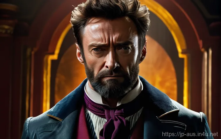 호주의 유명인  휴 잭맨 프로필 및 필모그래피 - A dynamic, full-body shot of Hugh Jackman on a grand Broadway stage, center spotlight. He is dressed...