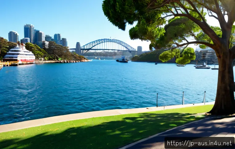 호주에서 거주하기 좋은 도시 - Photorealistic wide-angle view of a sunny waterfront neighborhood in Sydney, Australia, a diverse fa...